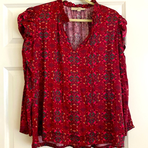 Loft Floral Cinched Sleeve Ruffle Tie Neck top - Picture 1 of 4